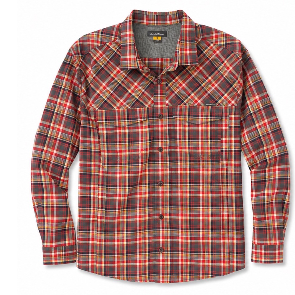 Eddie Bauer Mens Medium Performance Plaid Hiking Shirt Technical Button Up Red